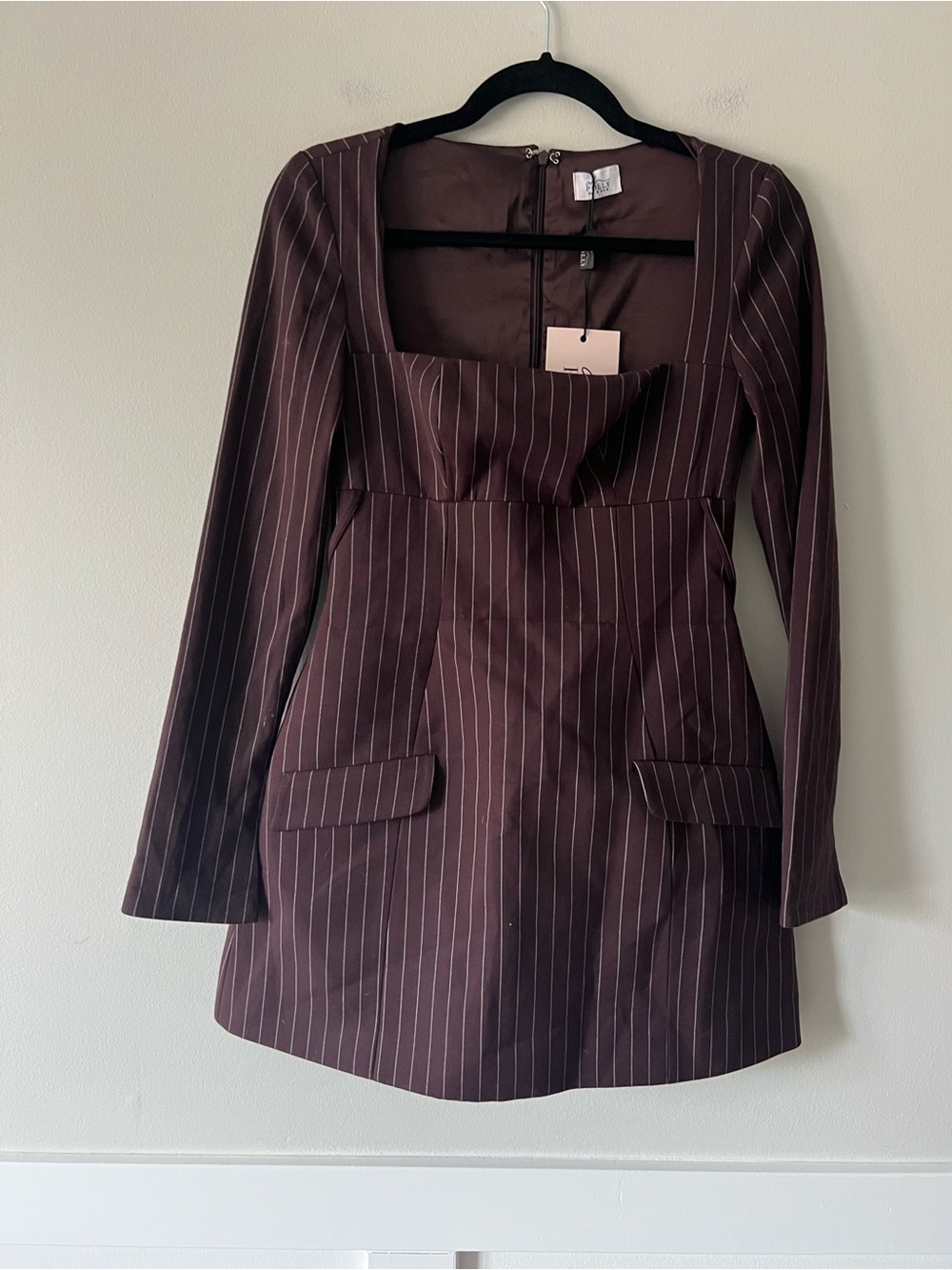 Oh Polly Ksenia Chocolate Brown Pinstripe A-Line Mini Dress UK 8 - Picture 6 of 11